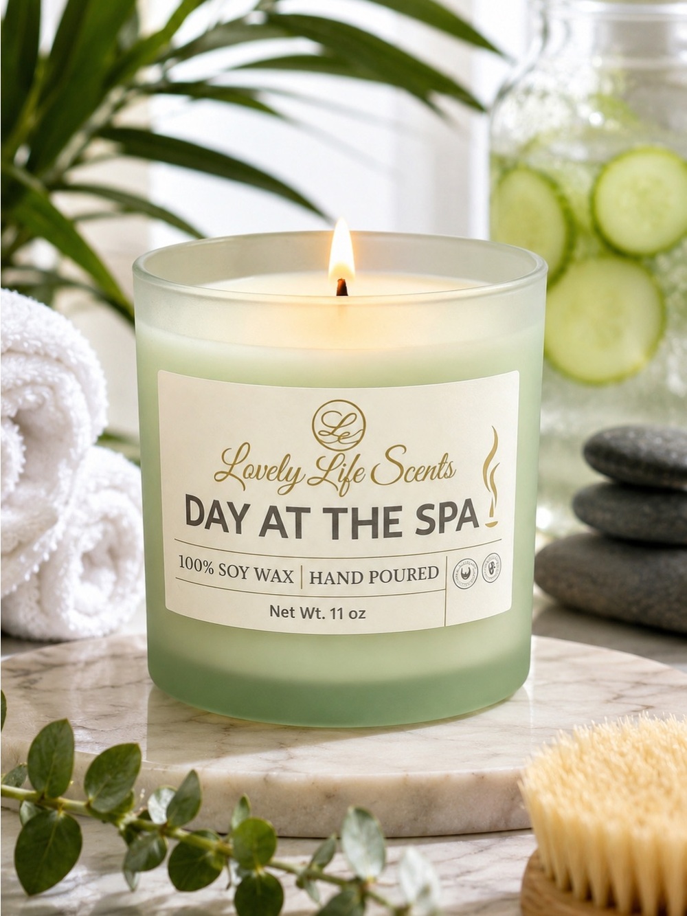 "Day at the Spa" 11 oz Premium Soy Wax Candle, a Cucumber Water & Melon Scent - Picture 3 of 7